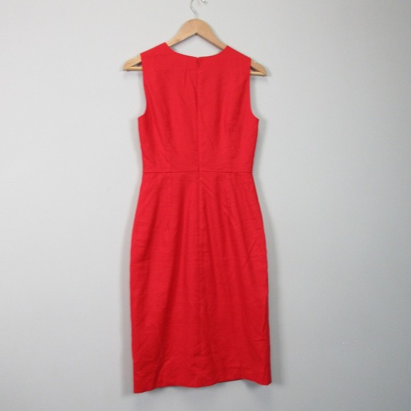 J.Crew High Neck Sheath Dress Midi 2 Red Linen Stretch Pencil Career Office 348 - Picture 2 of 11